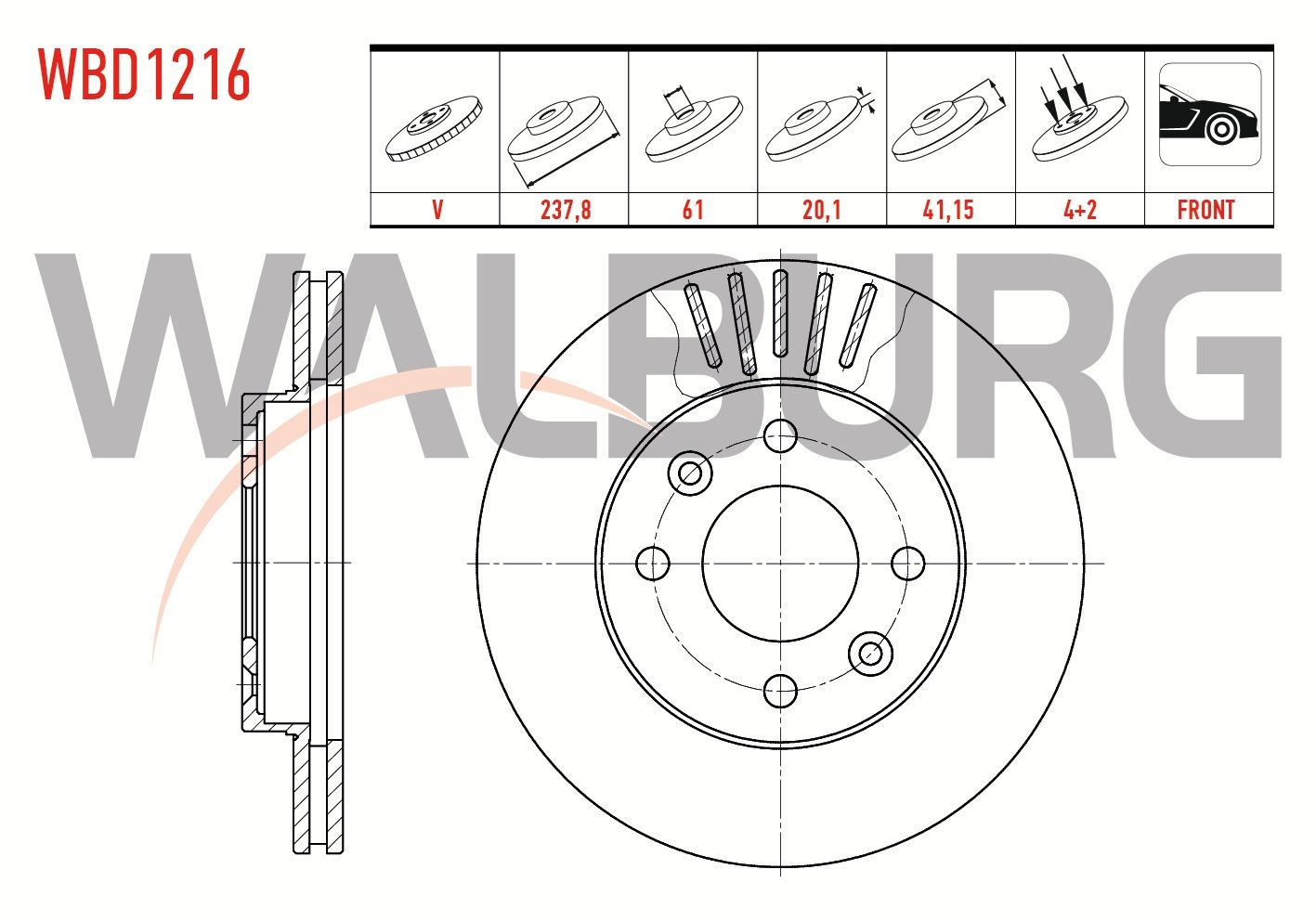 FREN DISKI ON HAVALI 4 BJN 237,8X20,1X61X41,15 KANGOO 1.5 DCI 1998-2008/ CLIO II 1.2i - 1.4i - 1.6i 1998-2005 / SYMBOL II 1.4 - 1.5 DCI 2008-2012/ MEGANE I 1.4 16v 1996-2003/ R 19 1.6 1998-2008 - WBD1216