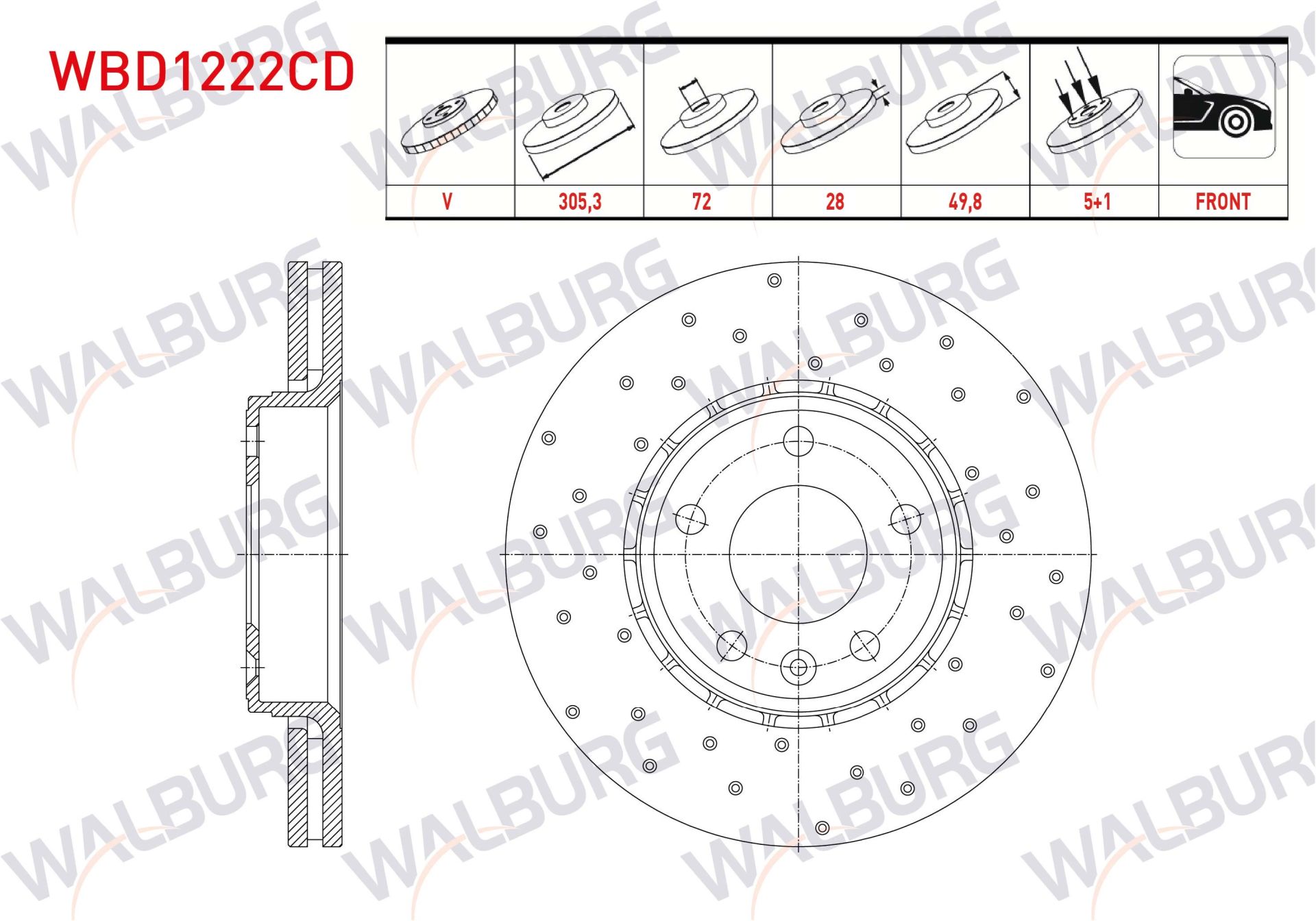 FREN DISKI ON HAVALI KAPLAMALI PERFORMANS DELIKLI 5 BJN 305,3X28X72X49,8 RENAULT TRAFIC II 1.9 DCI - 2.0 DCI 2001-2014/ OPEL VIVARO (J7) 1.9 DTI 2002-2014/ VIVARO (X83) 2.0 CDTI 2015- - WBD1222CD