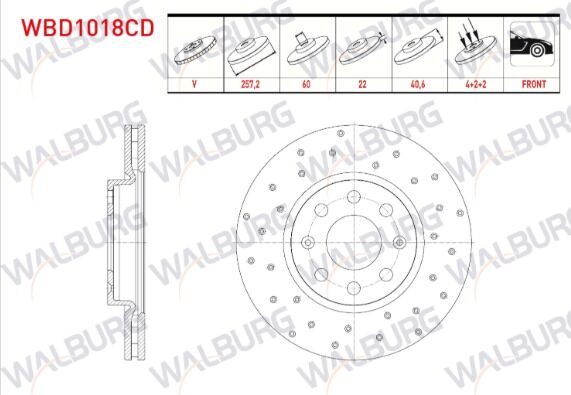 FREN DISKI ON HAVALI KAPLAMALI PERFORMANS DELIKLI 4 BJN 257,2X22X60X40,6 FIAT G.PUNTO 1.3 MJT 2005-2012/G.PUNTO 1.4 2005-2012/G.PUNTO 1.2 MPI 2005-2012/OPEL CORSA D 1.0 06-14/OPEL CORSA D 1.2 06-14 - WBD 1018CD (ÇİFTLİ)