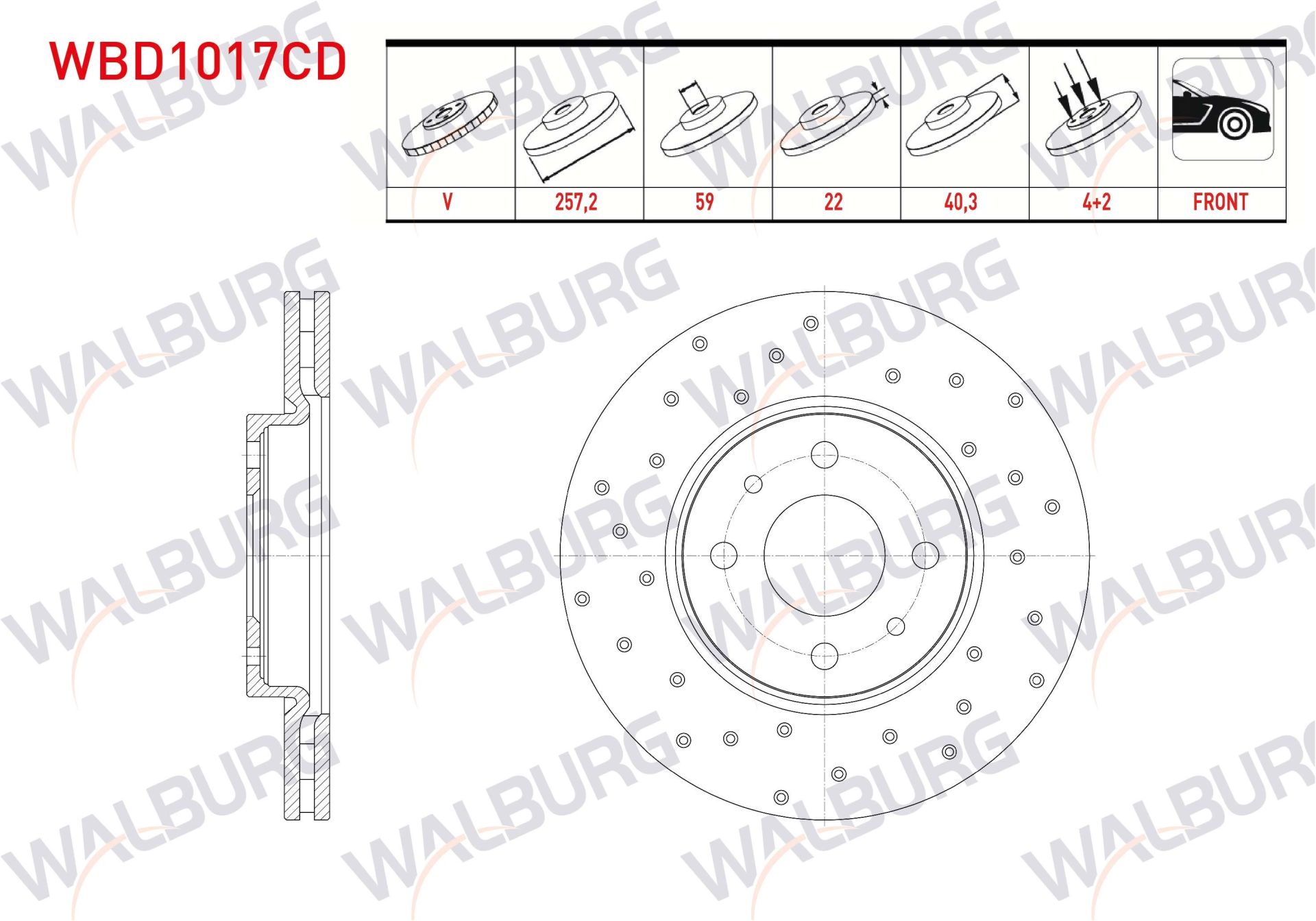 FREN DISKI ON HAVALI KAPLAMALI PERFORMANS DELIKLI 4 BJN 257,2X22X59X40,3 FIAT LINEA 1.3 MJT- 1.4 2007-/ DOBLO 1.3 MJT 2001-2010/ FIORINO 1.3 MJT 2007-/ BIPPER 1.4 HDI 2008-/ NEMO 1.4 HDI 2007- - WBD1017CD