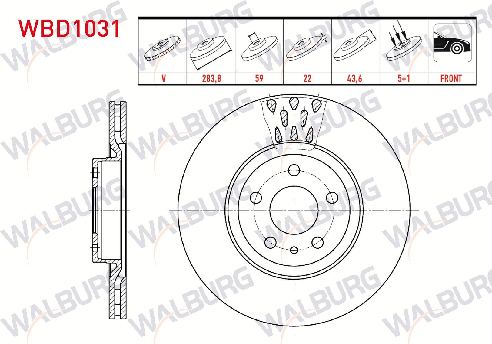 FREN DISKI ON HAVALI 5 BJN 283,8X22X59X43,6 FIAT DOBLO 1.3 MJT - 1.6 MJT 2010-/ FIORINO 1.3 MJT EURO 5 2013-/ ALFA ROMEO 147 1.6 2001-2010/ OPEL COMBO D 1.6 CDTI 2012- - WBD1031