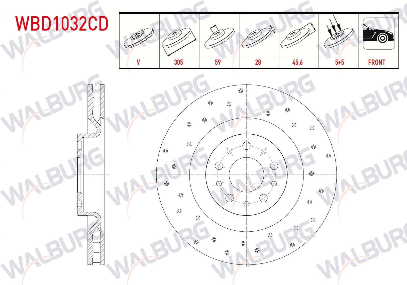 FREN DISKI ON HAVALI KAPLAMALI PERFORMANS DELIKLI 5 BJN 305X28X59X45,6 FIAT DOBLO MAXI 1.6 MJT 2010- / DOBLO MAXI 1.3 MJT 2010- / DOBLO MAXI 1.4 2010- - WBD1032CD