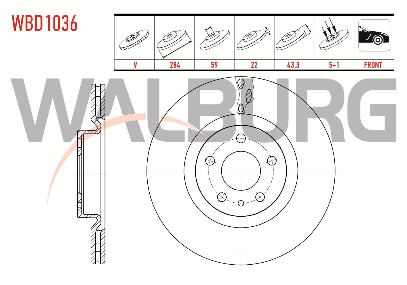 FREN DISKI ON HAVALI 5 BJN 284X22X59X43,3 FIAT EGEA 1.3 MJT - 1.6 MJT - 1.4 16v - 1.6 16v 2015- / 500L 1.6 MJT - 0.9 - 1.4 2012-/ EGEA HB 1.6 D 2020-/ EGEA CROSS 1.6 2020- - WBD1036