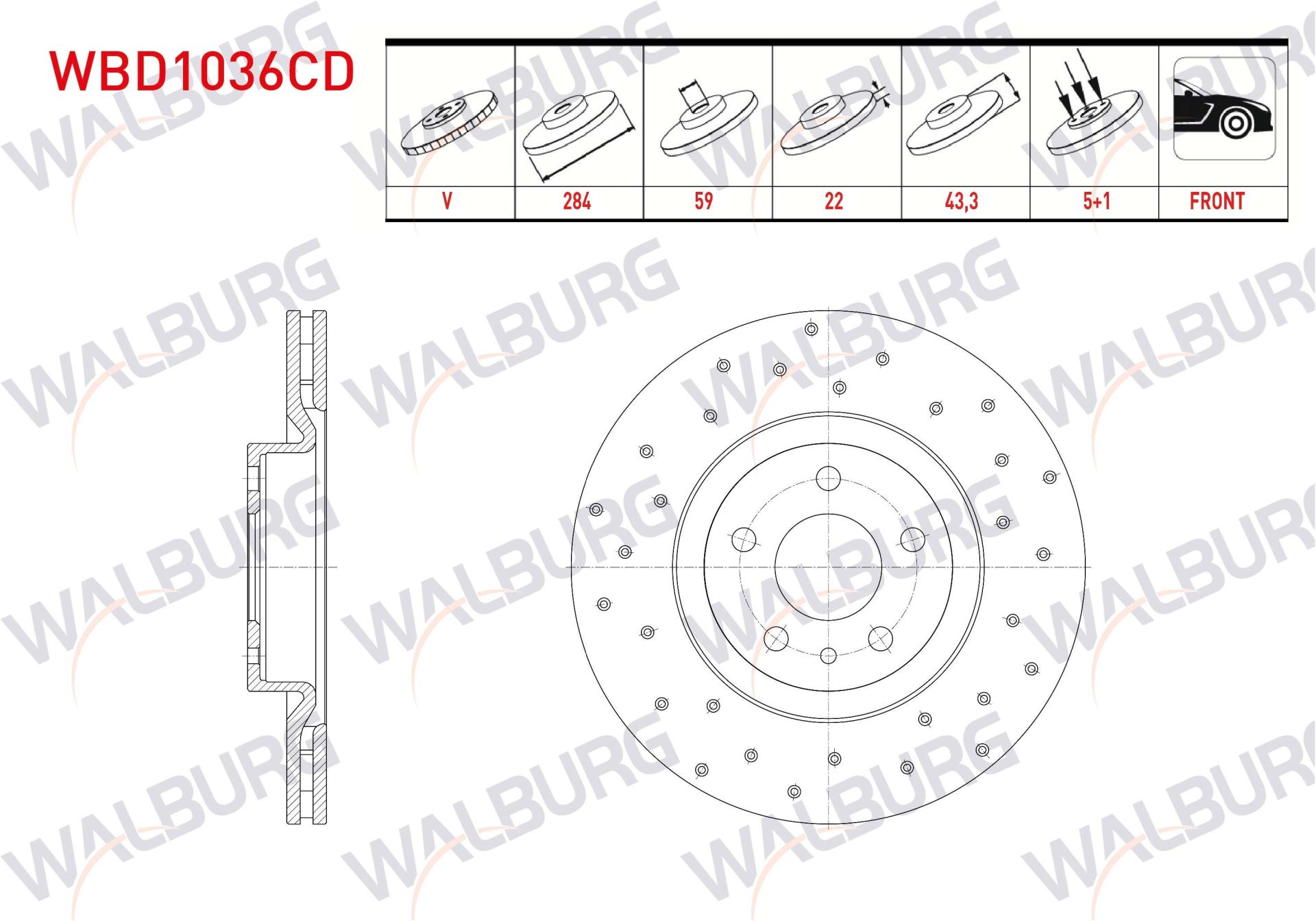 FREN DISKI ON HAVALI KAPLAMALI PERFORMANS DELIKLI 5 BJN 284X22X59X43,3 FIAT EGEA 1.3 MJT - 1.6 MJT - 1.4 16v - 1.6 16v 2015- / 500L 1.6 MJT - 0.9 - 1.4 2012-/ EGEA HB 1.6 D 2020-/ EGEA CROSS 1.6 2020- - WBD1036CD