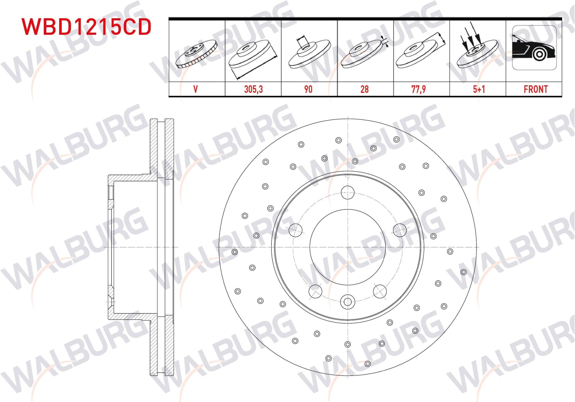 FREN DISKI ON HAVALI KAPLAMALI PERFORMANS DELIKLI 5 BJN 305,3X28X90X77,9 RENAULT MASTER II 1.9 DCI - 1.9 DTI - 2.5 DCI 16 JANT 1998-2010 / OPEL MOVANO A 2.5 D 16 JANT 2001-2010 - WBD1215CD