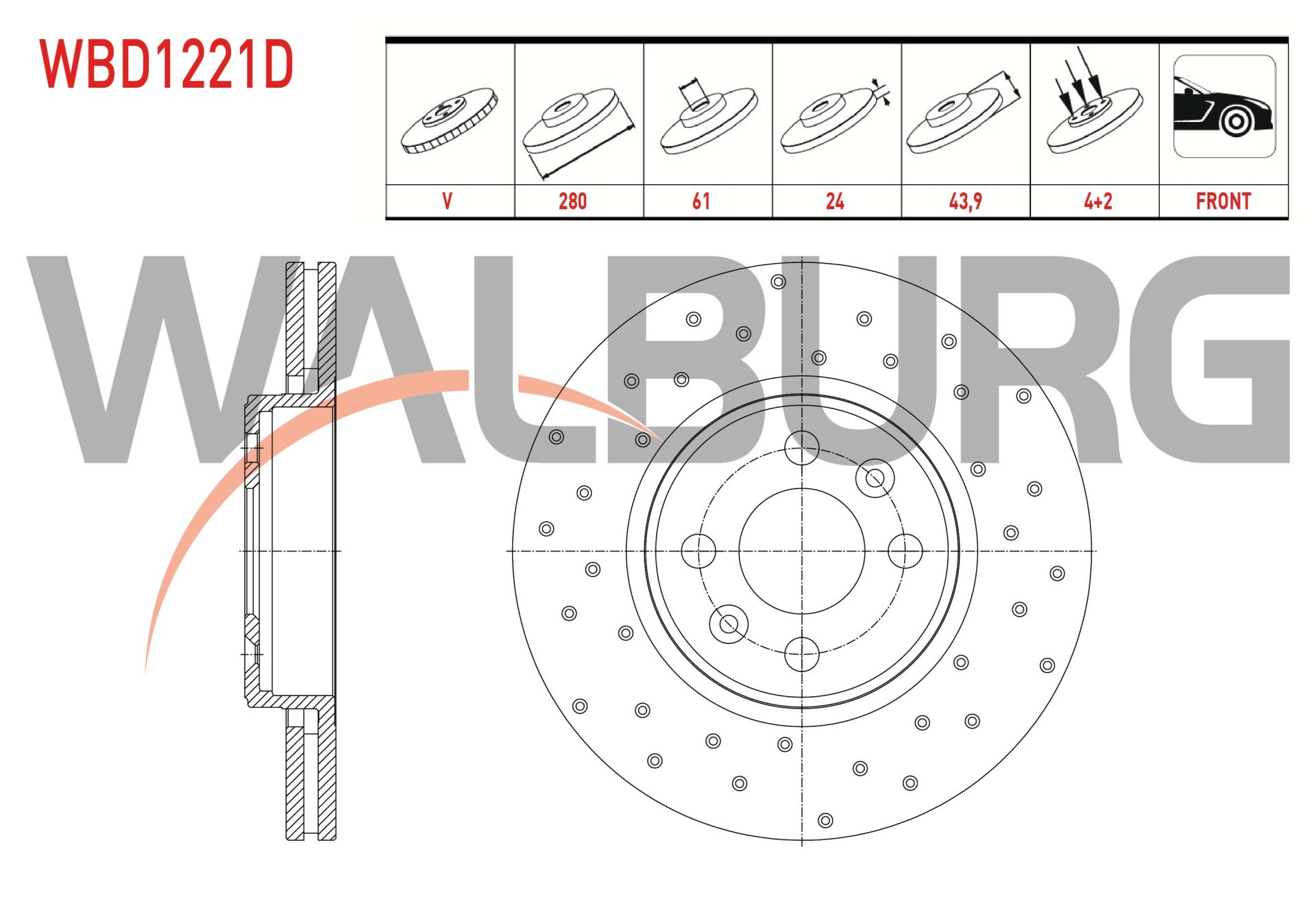FREN DISKI ON HAVALI PERFORMANS DELIKLI 4 BJN 280X24X61X43,9 RENAULT MEGANE II 02-08 / LAGUNA 93-01 / G.SCENIC 04-09 / CAPTUR 13- / DACIA DOKKER 12- / LODGY 12- - WBD1221D