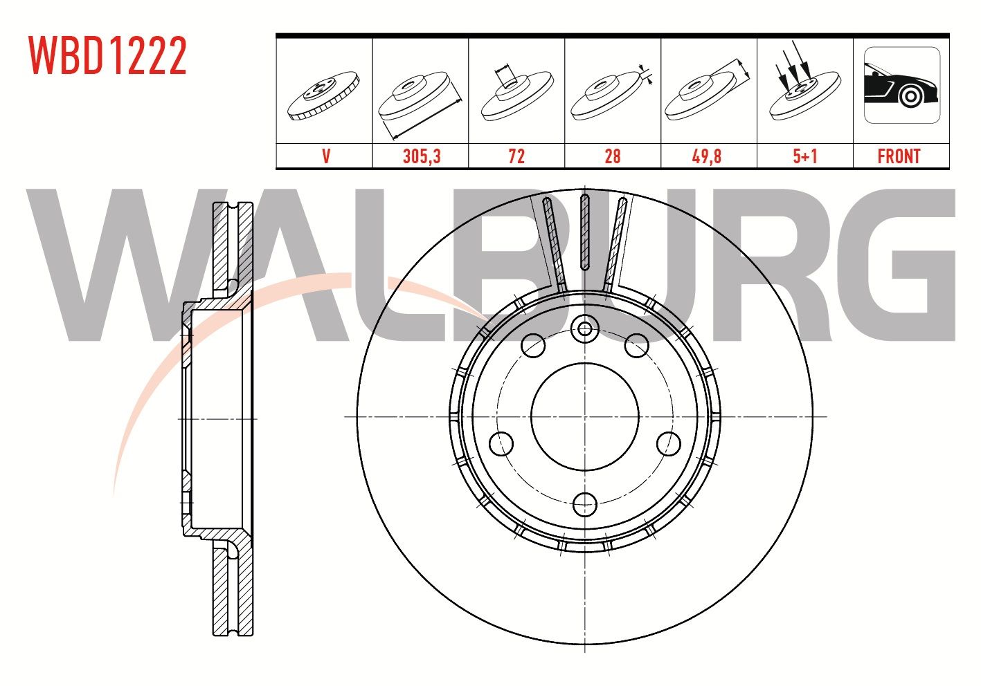 FREN DISKI ON HAVALI 5 BJN 305,3X28X72X49,8 RENAULT TRAFIC II 1.9 DCI - 2.0 DCI 2001-2014/ OPEL VIVARO (J7) 1.9 DTI 2002-2014/ VIVARO (X83) 2.0 CDTI 2015- - WBD1222