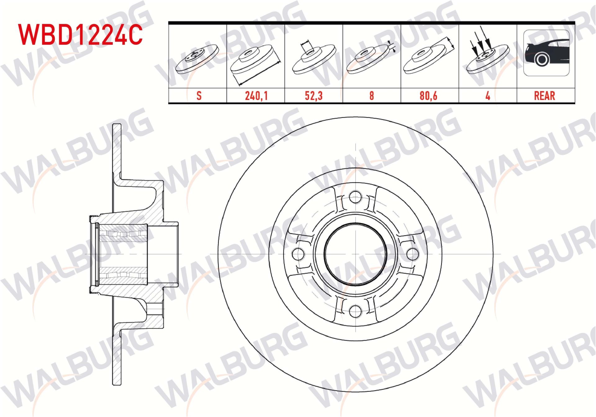 FREN DISKI ARKA DUZ KAPLAMALI 4 BJN 240X8X54,92X80,7 MEGANE II 1.5 DCI - 1.4i 16v - 1.9 DCI PORYA RULMANLI MANYETIK ABS OKUYUCULU 02-08/CLIO III 1.5 DCI - 1.4i 2005-2012/MODUS 1.4i 16v - 1.5 DCI 04- - WBD1224C