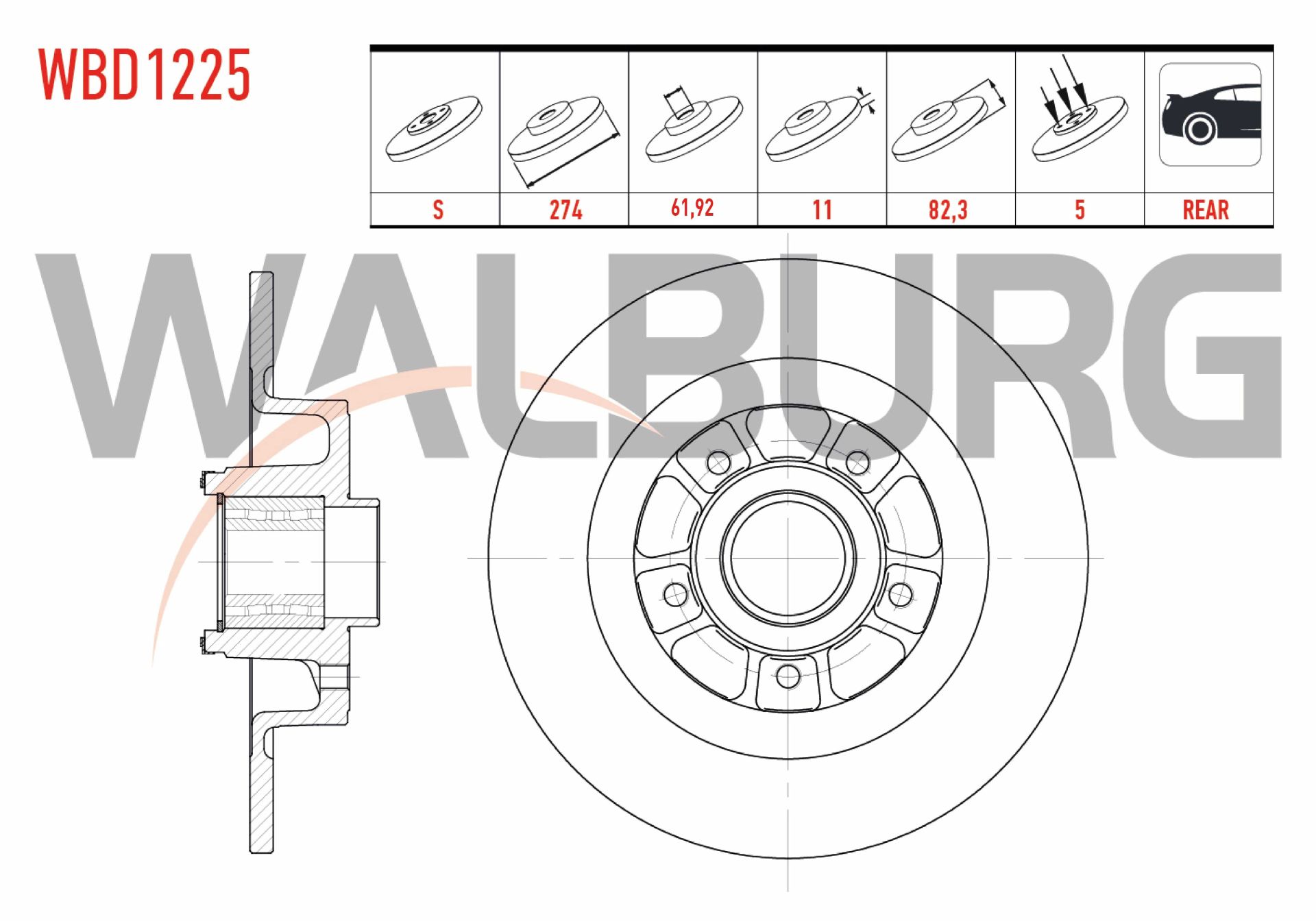 FREN DISKI ARKA DUZ 5 BJN 274X11X61,92X82 RENAULT LAGUNA II 1.6i 16v - 1.9 DCI - 2.0i 16V PORYA RULMANLI MANYETIK ABS OKUYUCULU 2001-2007 - WBD1225