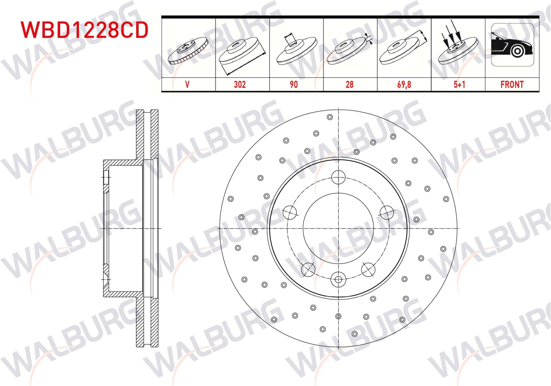FREN DISKI ON HAVALI KAPLAMALI PERFORMANS DELIKLI 5 BJN 302X28X90X69,8 RENAULT MASTER III (FV) 2.3 DCI 2010- / MASTER III (FV) 2.5 DCI 2010- - WBD1228CD