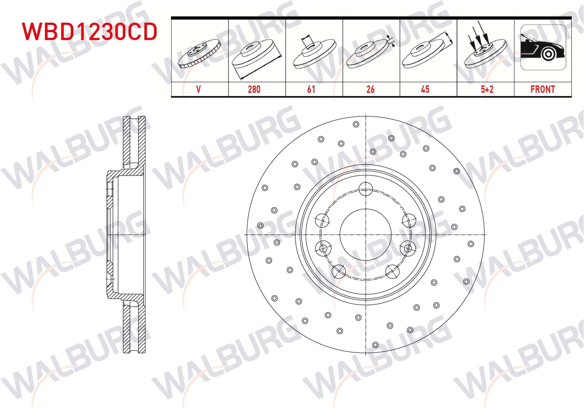 FREN DISKI ON HAVALI KAPLAMALI PERFORMANS DELIKLI 5 BJN 280X26X61X45 RENAULT KANGOO Express (FC0/1_) 1.5 DCI 2008- / KANGOO (KW0/1) 1.5 DCI 2008- - WBD1230CD