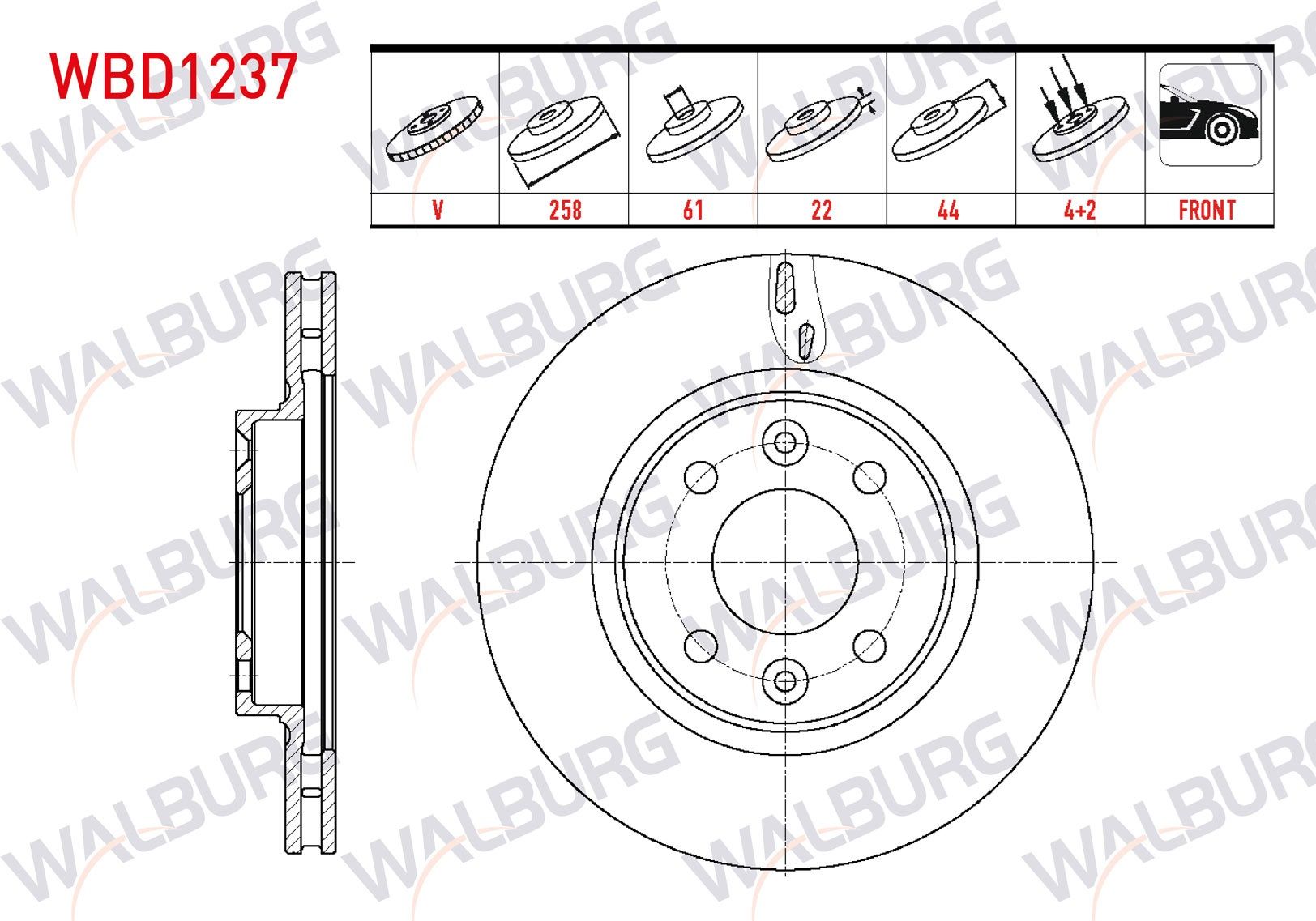 FREN DISKI ON HAVALI 4 BJN 258X22X44X61 RENAULT SYMBOL THALIA 2008-2012/ SYMBOL III 2012-/ CLIO IV 2012-2020/ CLIO V 1.5 DCI 2019-/ TALIANT 1.5 DCI 2020-/ CAPTUR I 2013-2021 - WBD1237