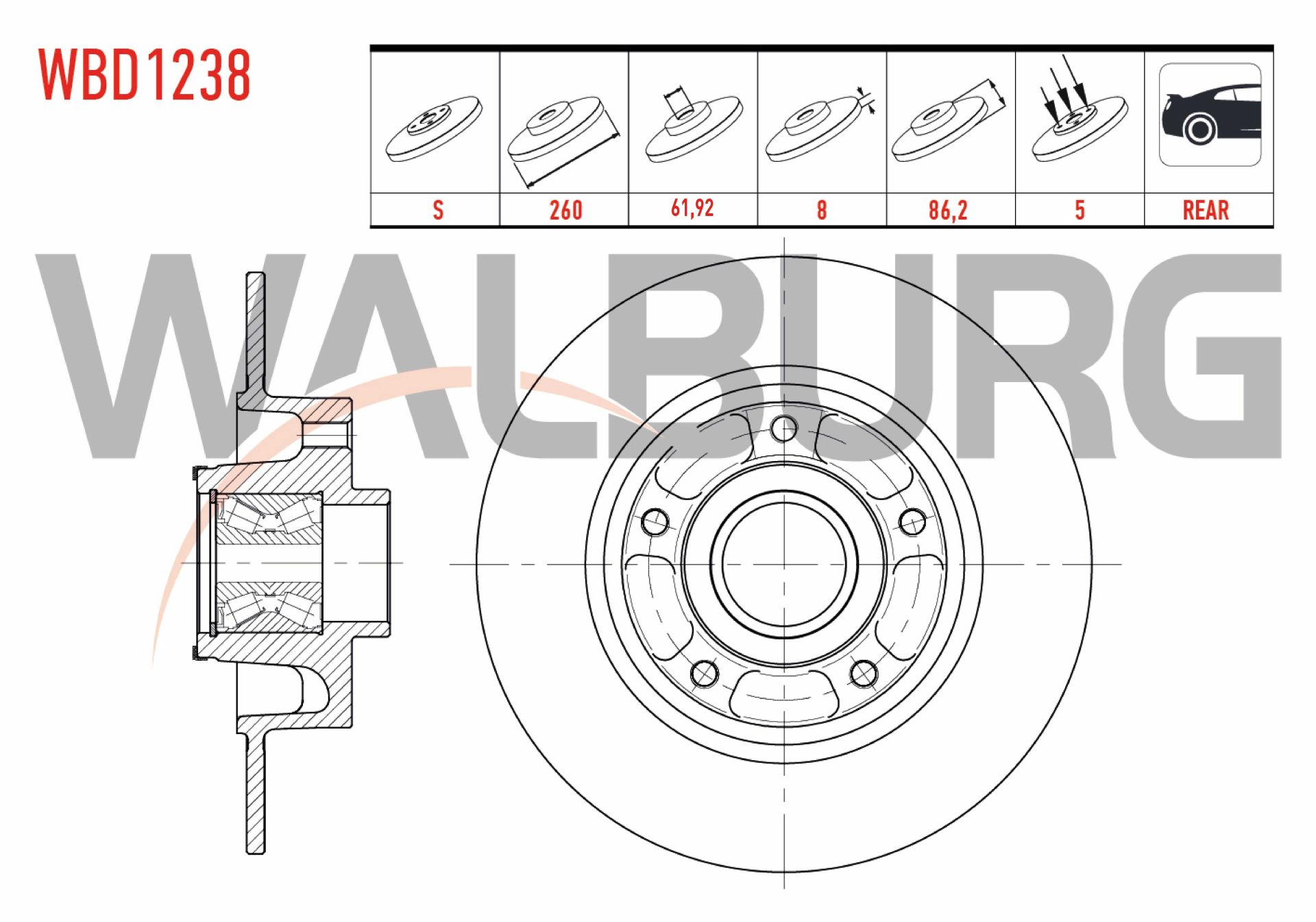 FREN DISKI ARKA DUZ 5 BJN 260X8X62X86 RENAULT RENAULT MEGANE III 1.6i 16v - 1.5 DCI PORYA RULMANLI MANYETIK ABS OKUYUCULU 2008-2015 / SCÉNIC III (JZ0/1) 1.5 DCI - 1.6 16v 2009- - WBD1238