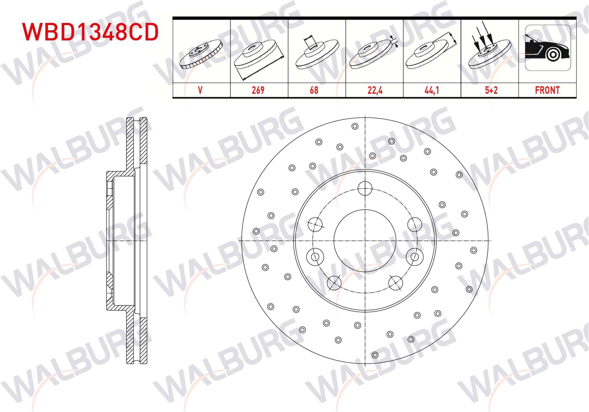 FREN DISKI ON HAVALI KAPLAMALI PERFORMANS DELIKLI 5 BJN 269X22.4X68X44,1 RENAULT MEGANE IV SEDAN (LV--) 1.5 DCI 2016-/DUSTER 1.6 16v 105 HP 09-12/MEGANE IV SEDAN (LV--) 1.2 TCE/DUSTER 1.5 DCI 09-12 - WBD1348CD