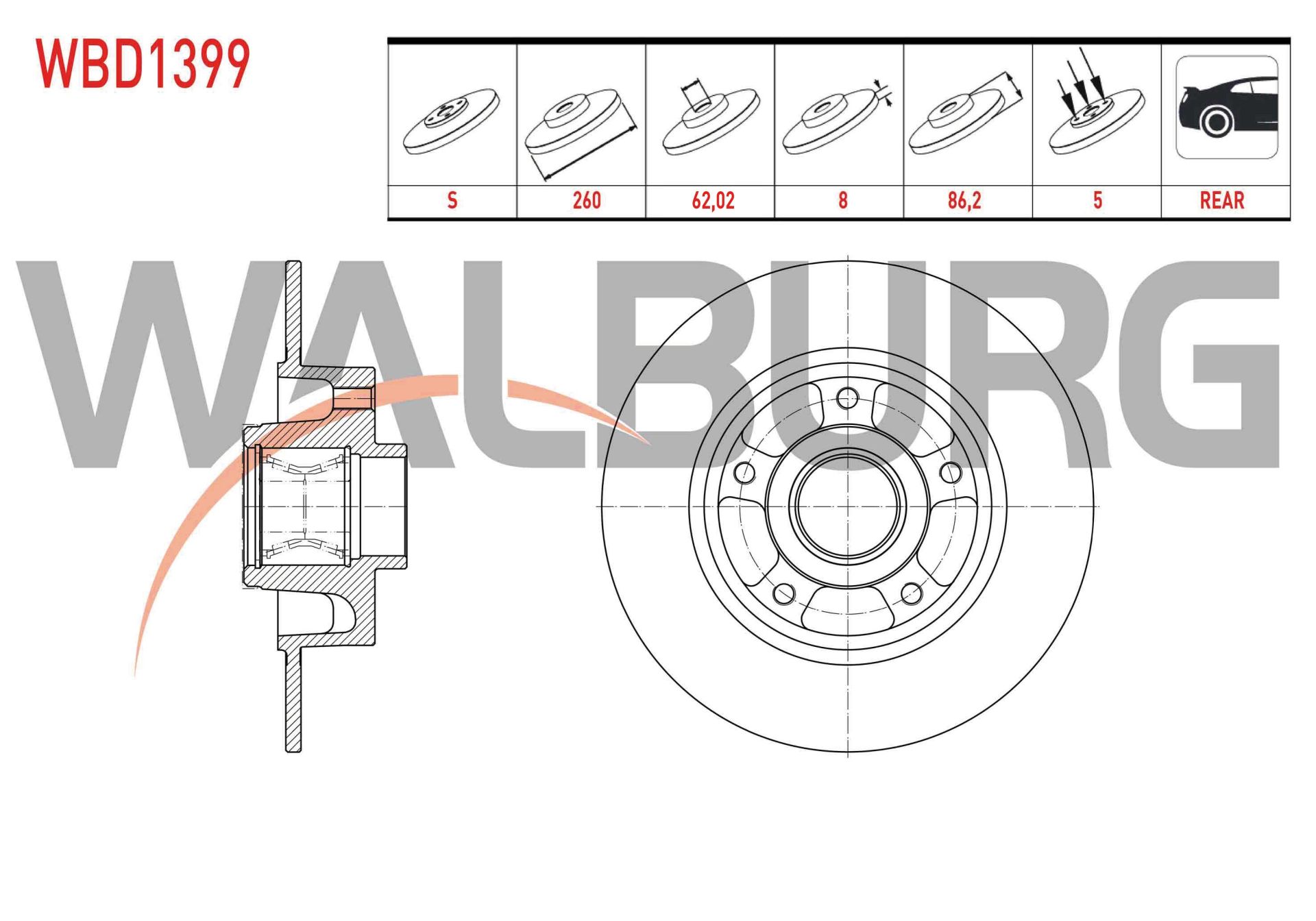 FREN DISKI ARKA DUZ 5 BJN 260X8X62,02X86,2 RENAULT MEGANE IV 1.5 DCI - 1.6 16v - 1.2 TCE MANYETIK ABS HALKALI PORYALI RULMANLI 2016- - WBD1399
